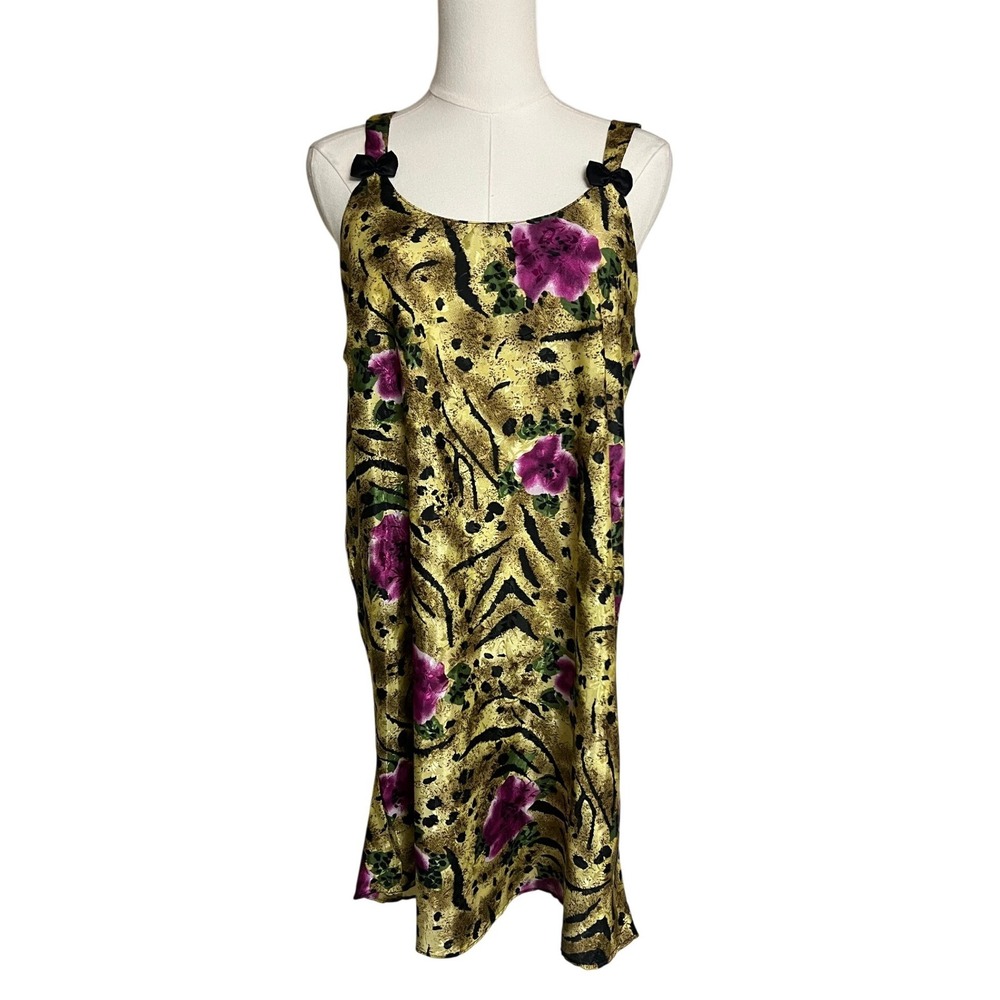 Vintage Vanity Fair Womens Gold Animal Print Floral Satin Robe Nightgown Set L - Picture 2 of 16